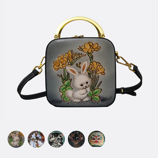 Women's genuine cowhide leather engraved handbag Square design