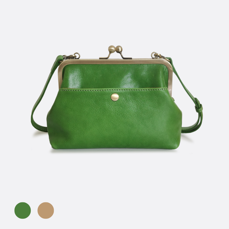 Women's genuine cowhide leather kiss lock vintage clutch handbag