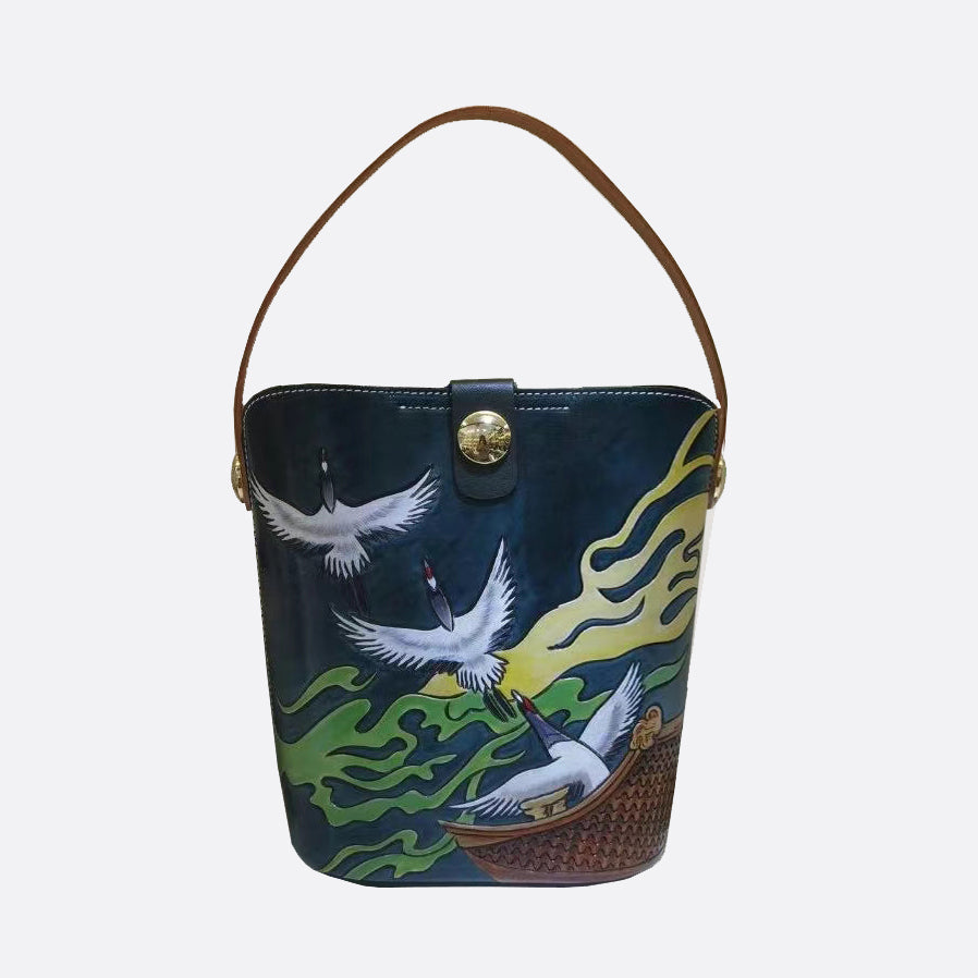 Women's genuine cowhide leather engraved Bucket bag design handbag