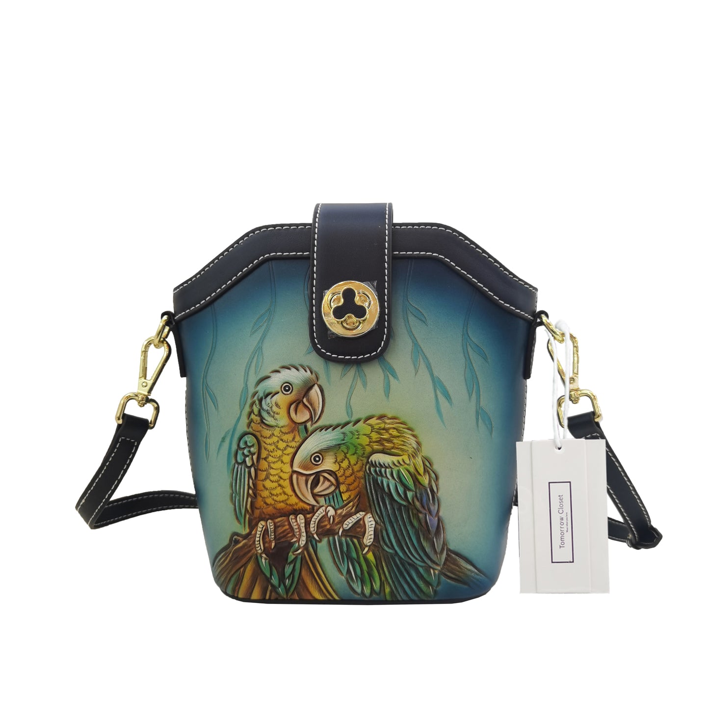 Women's genuine cowhide leather engraved Bucket bag V2 with 2 straps