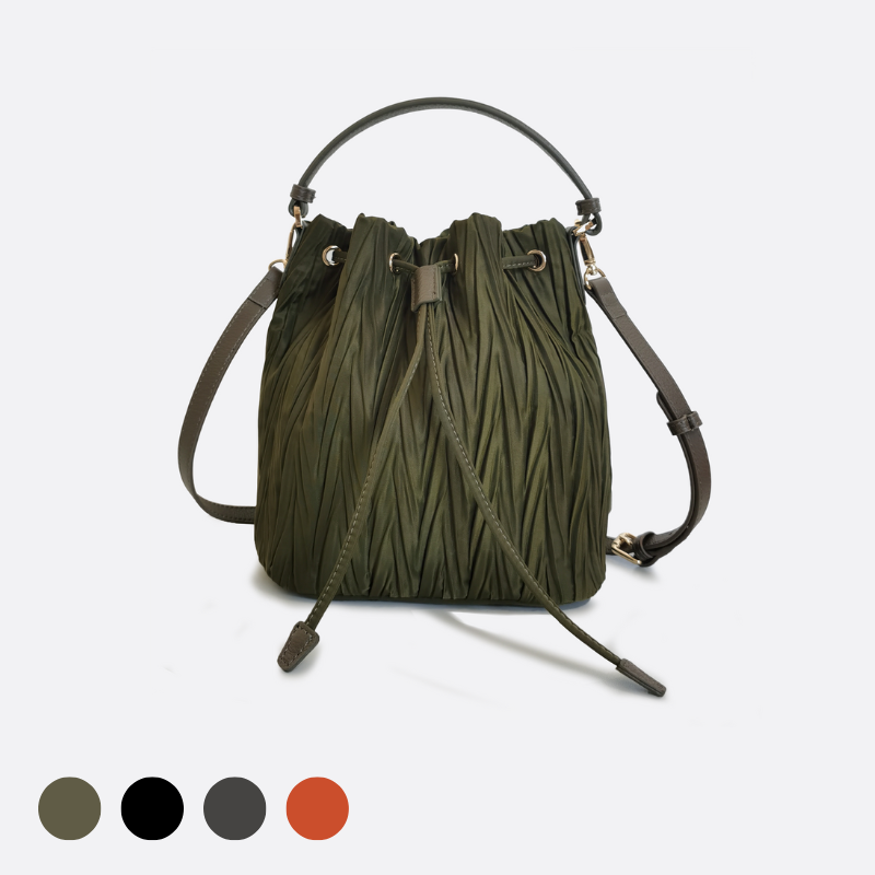 Women's nylon mix genuine cowhide leather bucket bag