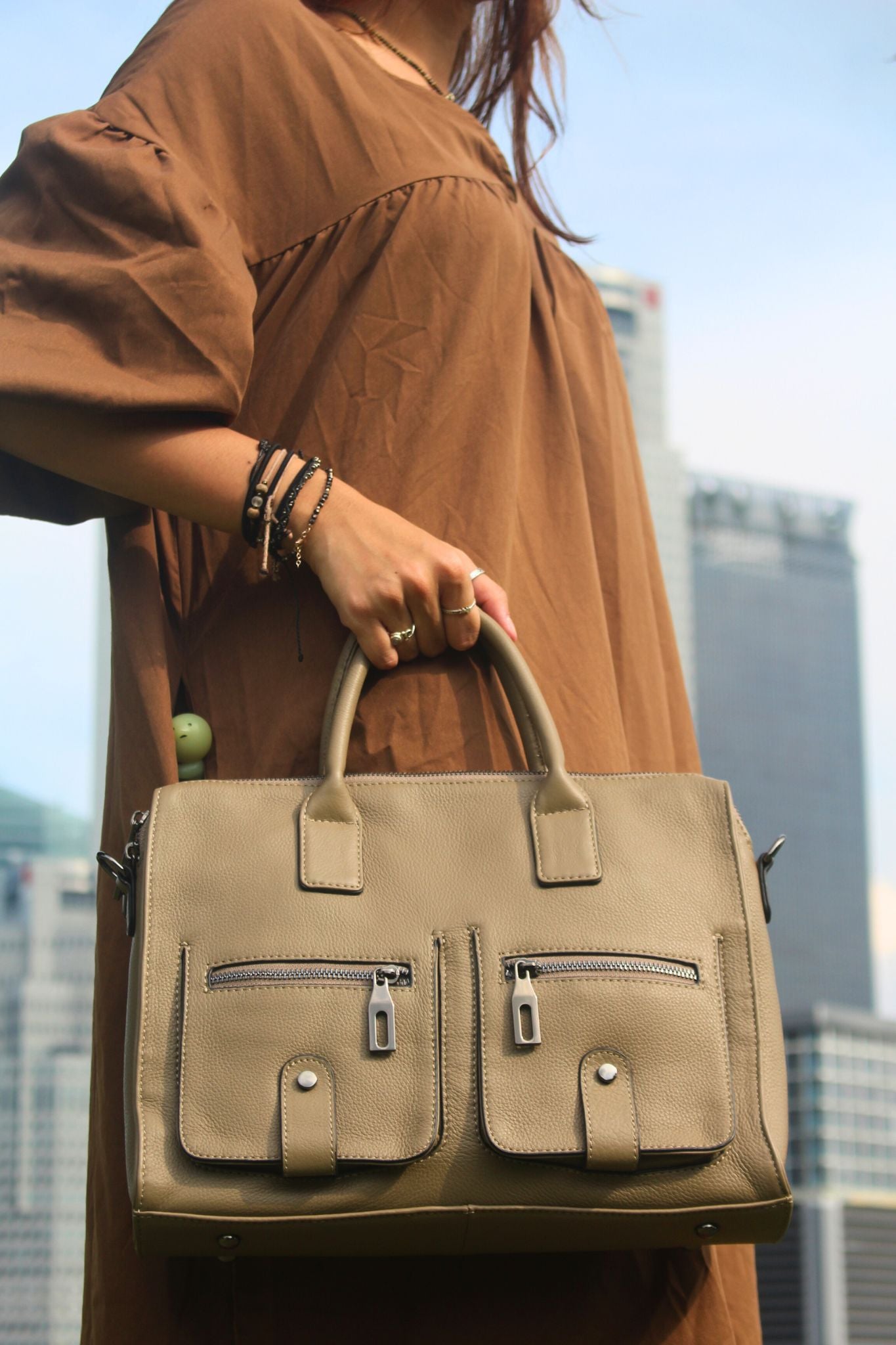 Unisex genuine cowhide leather top handle briefcase poches design