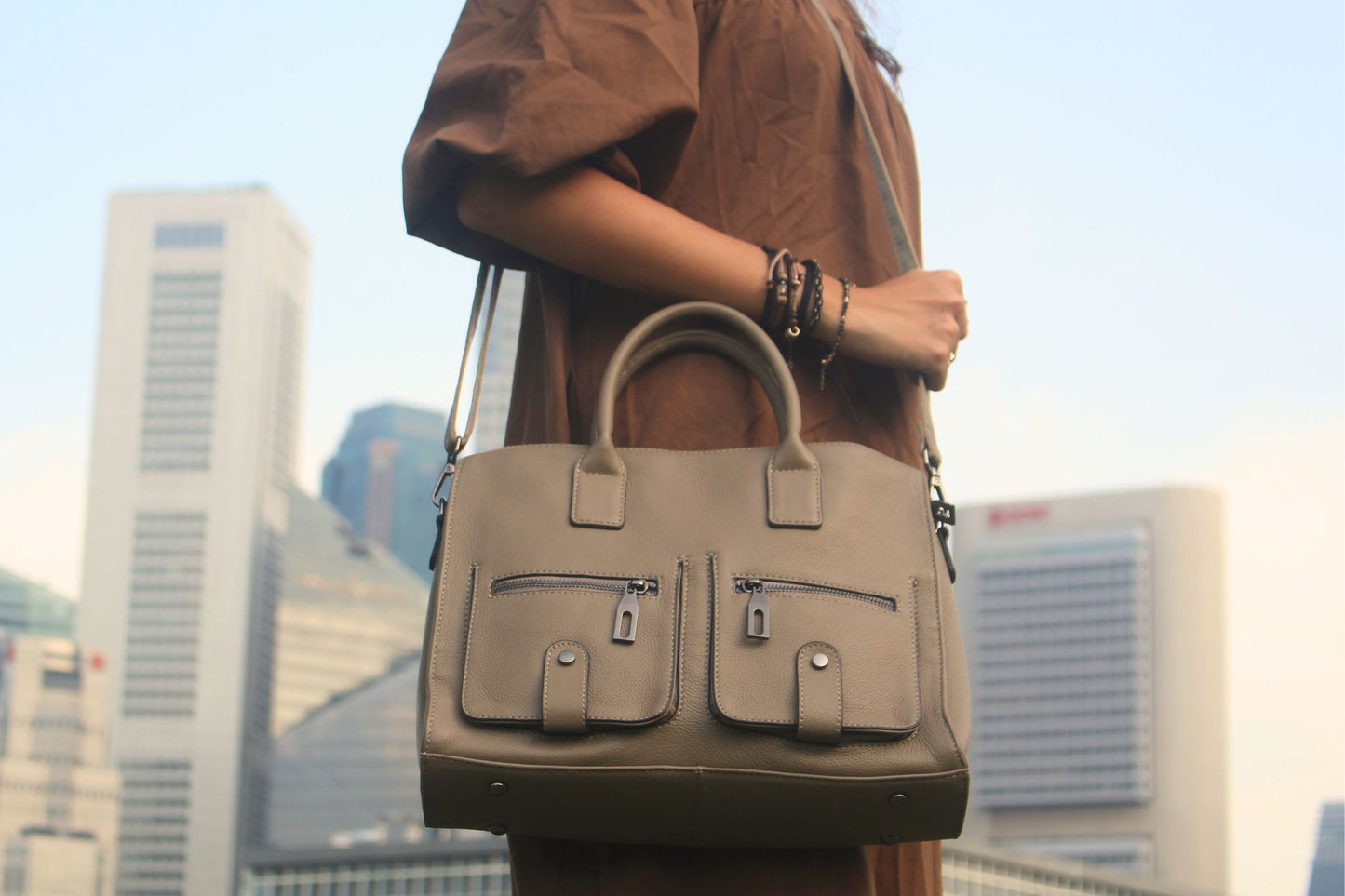 Unisex genuine cowhide leather top handle briefcase poches design
