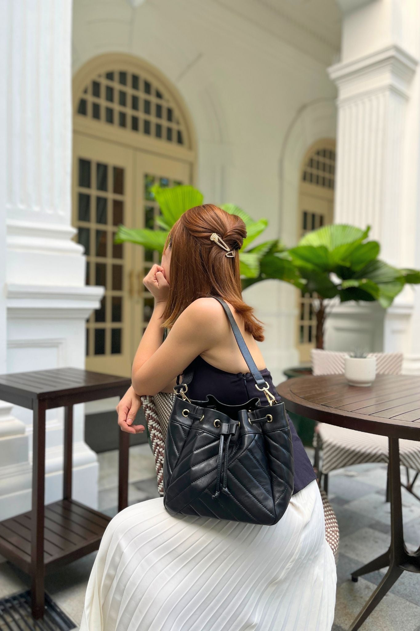 Women's lambskin leather handbag bucket bag Falten design