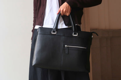 Multi zip unisex cowhide leather slim briefcase laptop bag with sling