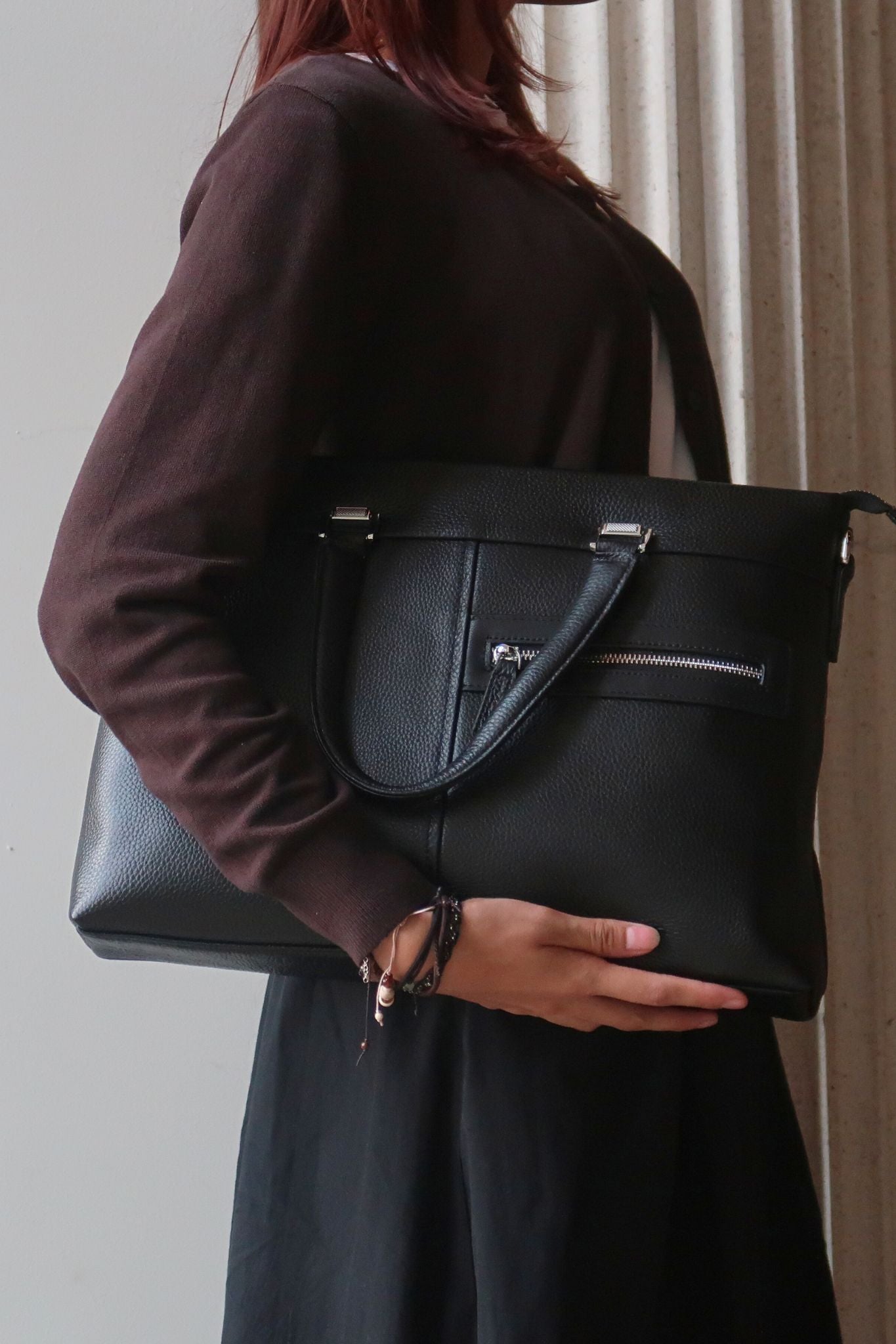 Multi zip unisex cowhide leather slim briefcase laptop bag with sling