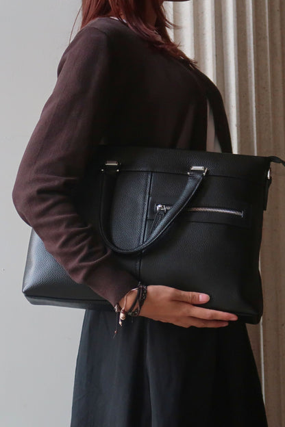 Multi zip unisex cowhide leather slim briefcase laptop bag with sling