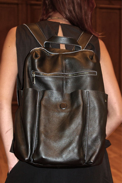 Unisex cowhide leather backpack Snap design with strap pouch