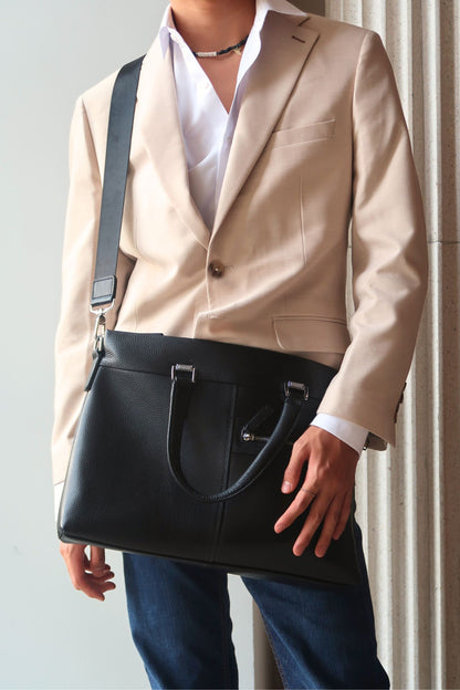 Multi zip unisex cowhide leather slim briefcase laptop bag with sling