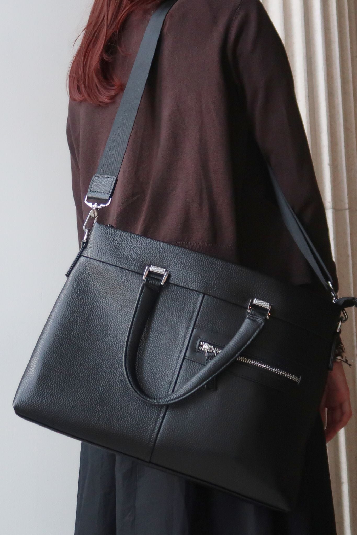 Multi zip unisex cowhide leather slim briefcase laptop bag with sling