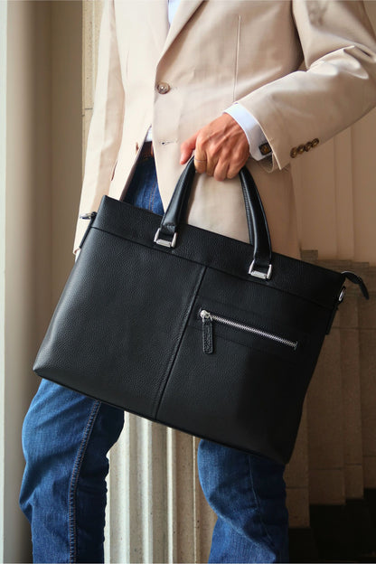 Multi zip unisex cowhide leather slim briefcase laptop bag with sling