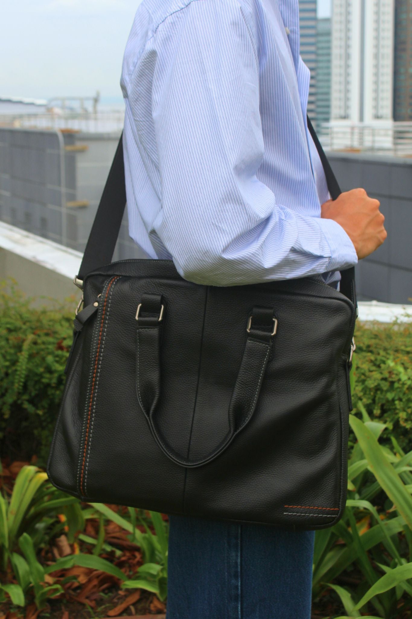 Unisex genuine cowhide leather top handle briefcase seam design
