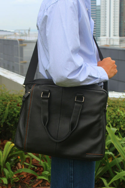 Unisex genuine cowhide leather top handle briefcase seam design
