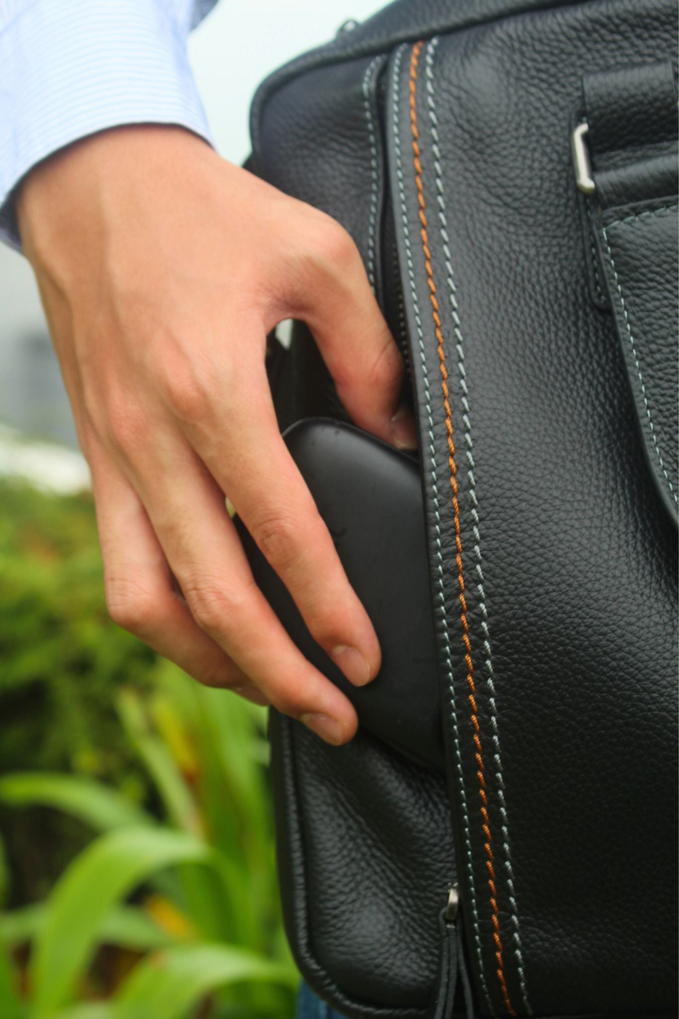Unisex genuine cowhide leather top handle briefcase seam design