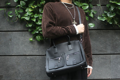 Unisex genuine cowhide leather top handle briefcase poches design