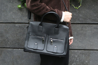 Unisex genuine cowhide leather top handle briefcase poches design