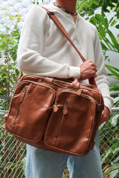 Unisex cowhide leather 3 in 1 backpack briefcase with sling