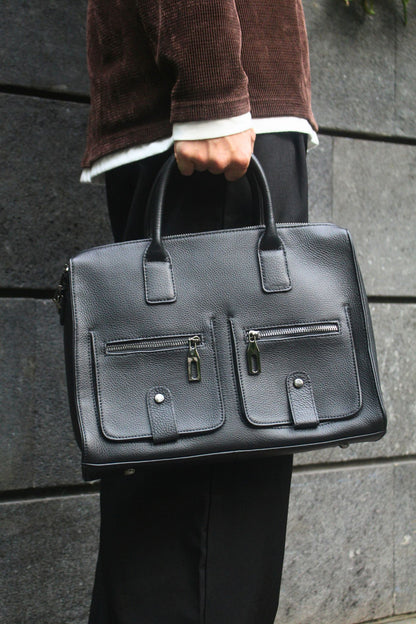Unisex genuine cowhide leather top handle briefcase poches design