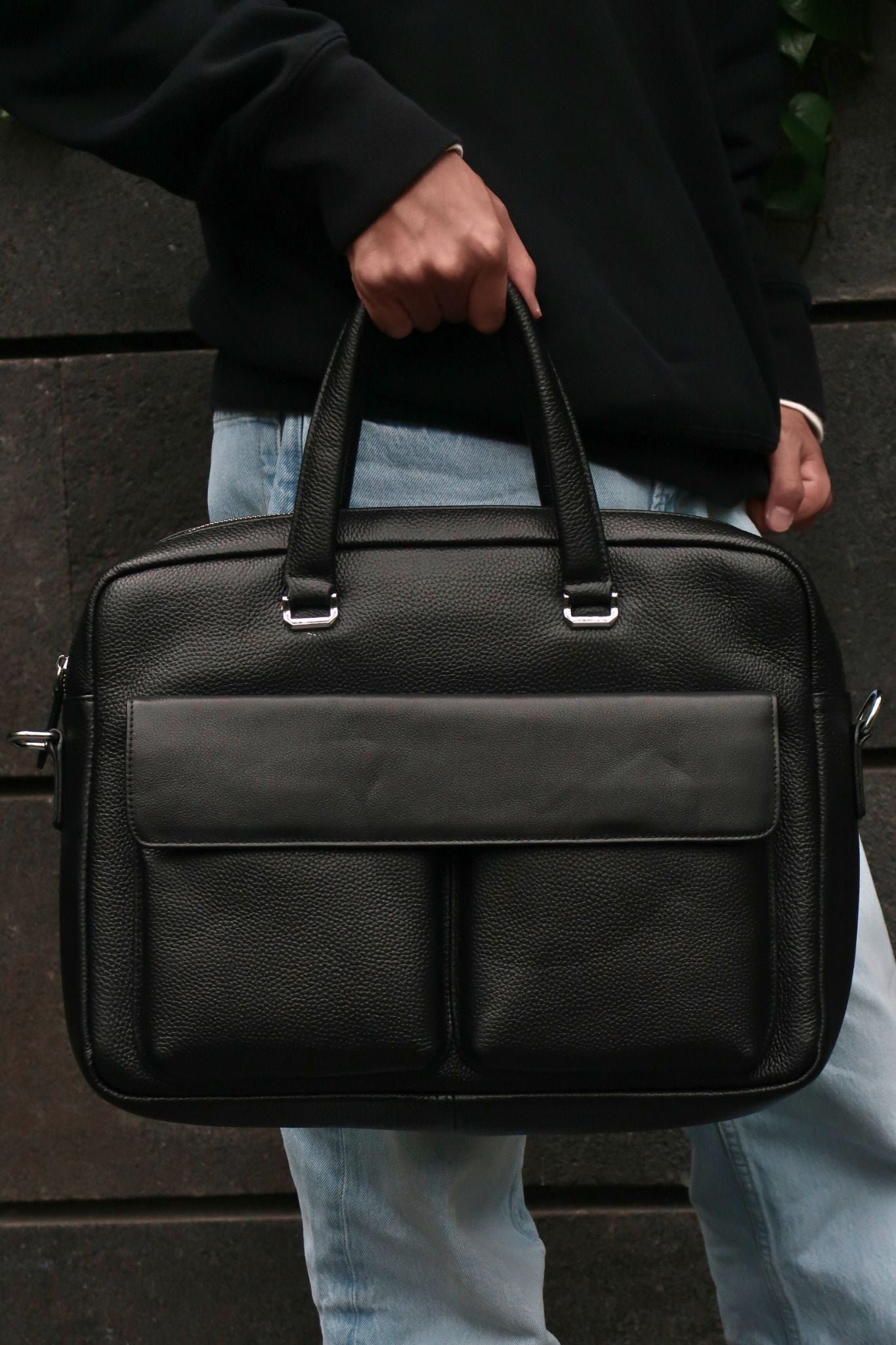 Unisex genuine cowhide leather top handle briefcase Poches V2 design