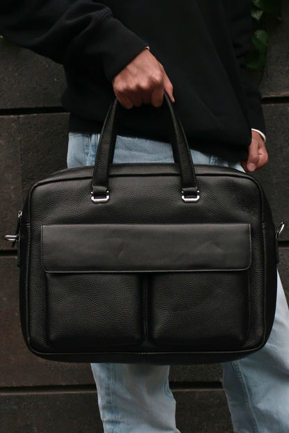 Unisex genuine cowhide leather top handle briefcase Poches V2 design