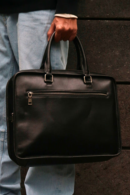 Unisex genuine cowhide leather travel briefcase laptop bag zip design