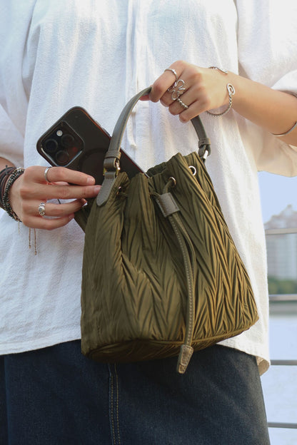 Women's nylon mix genuine cowhide leather bucket bag