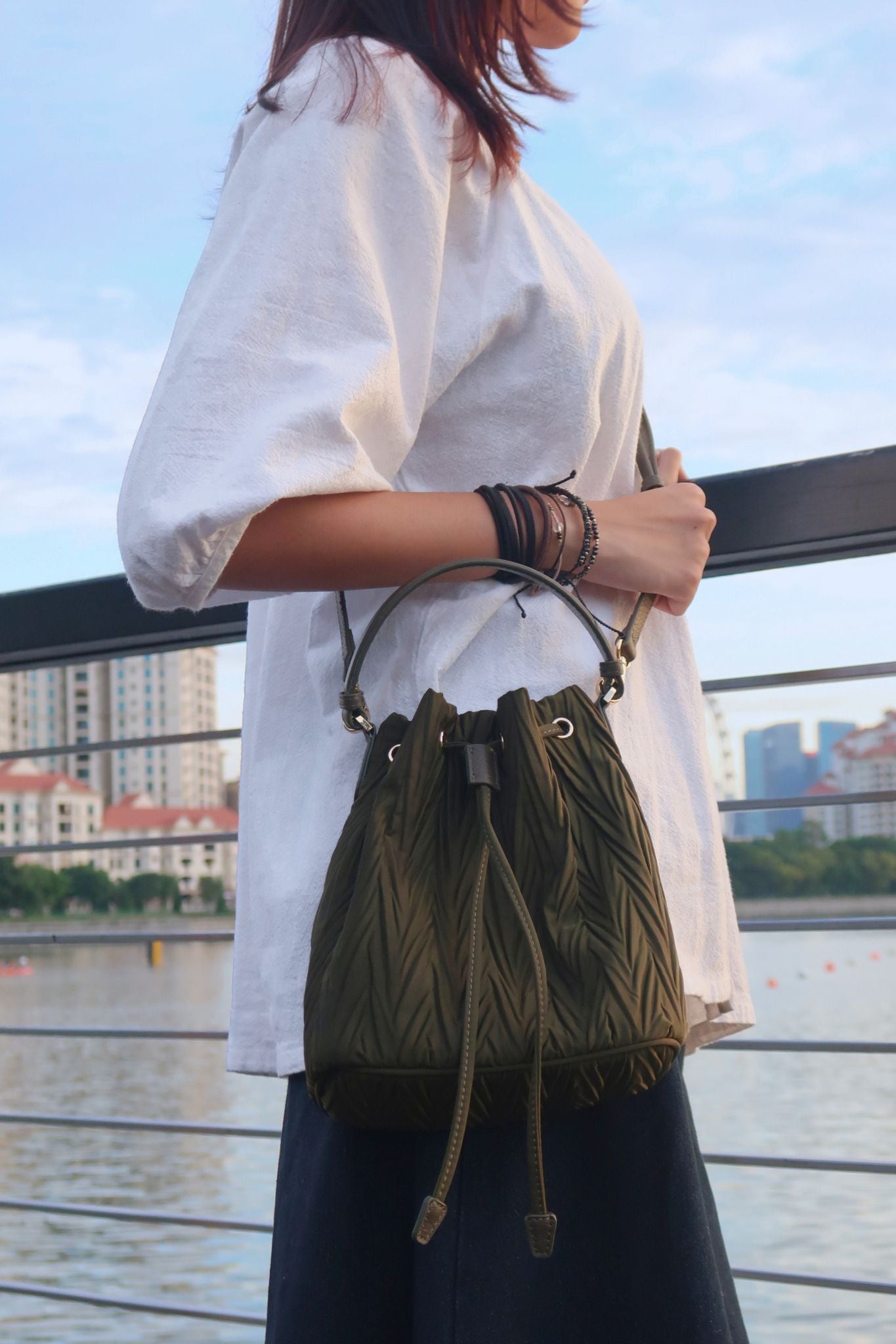 Women's nylon mix genuine cowhide leather bucket bag