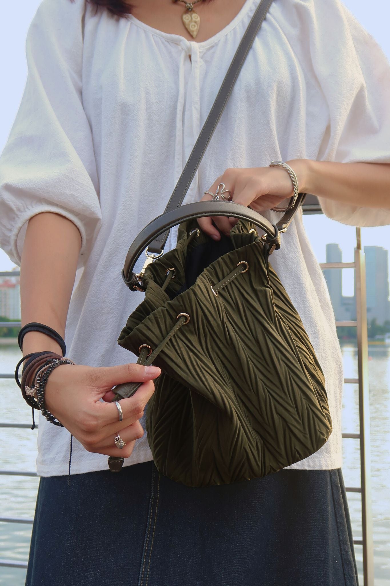 Women's nylon mix genuine cowhide leather bucket bag