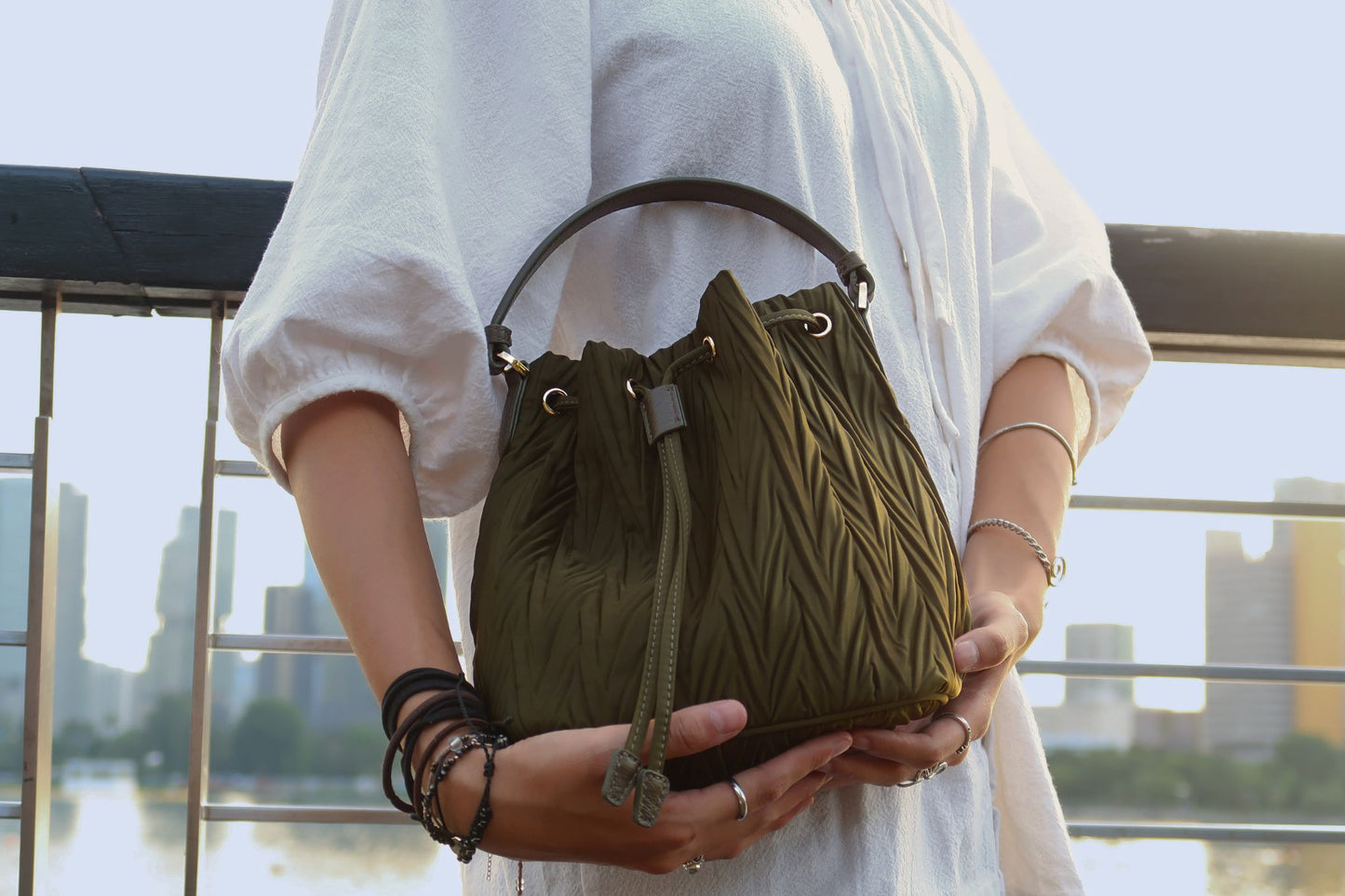 Women's nylon mix genuine cowhide leather bucket bag