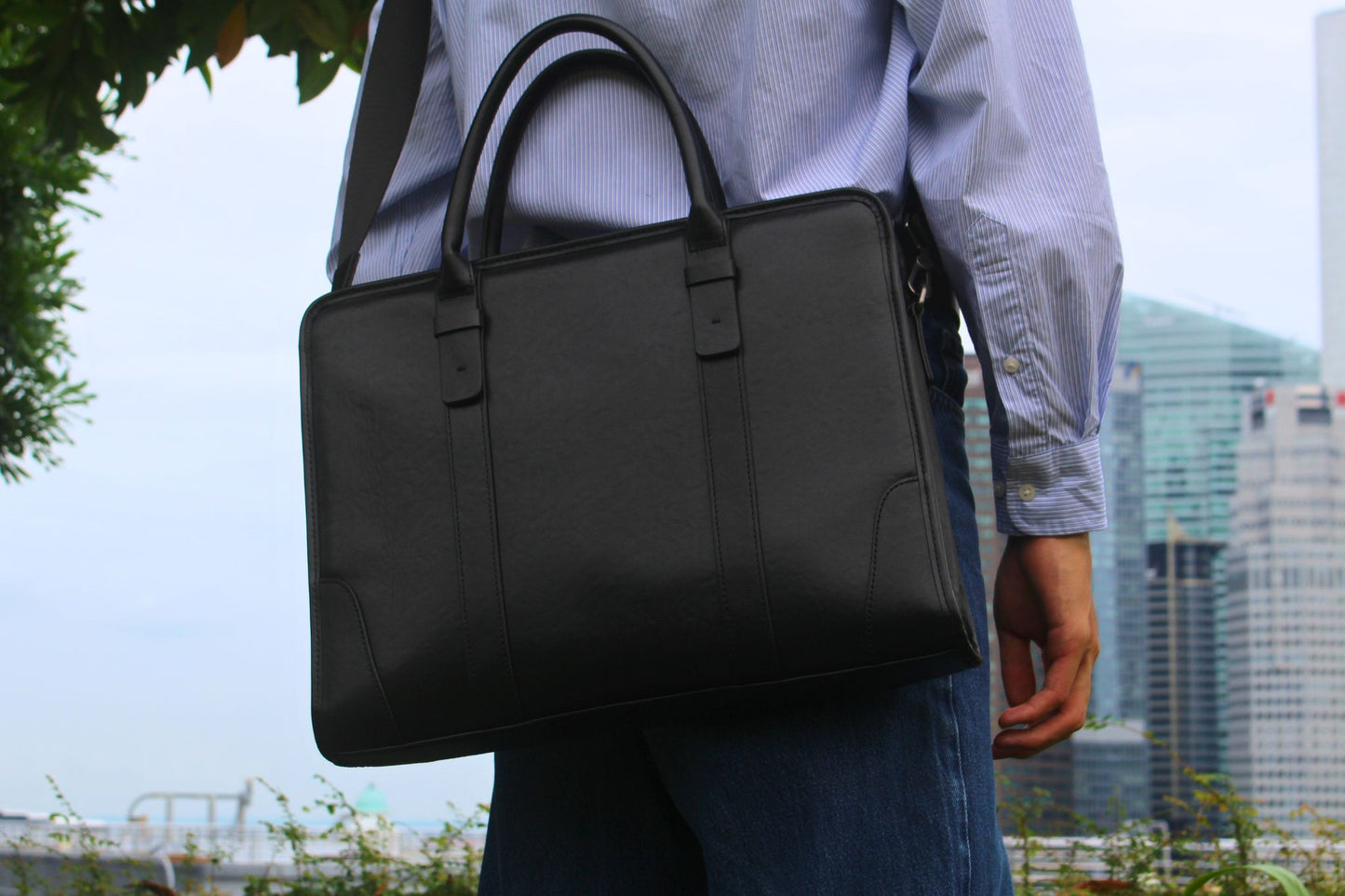 Unisex genuine cowhide leather briefcase double belt design with sling