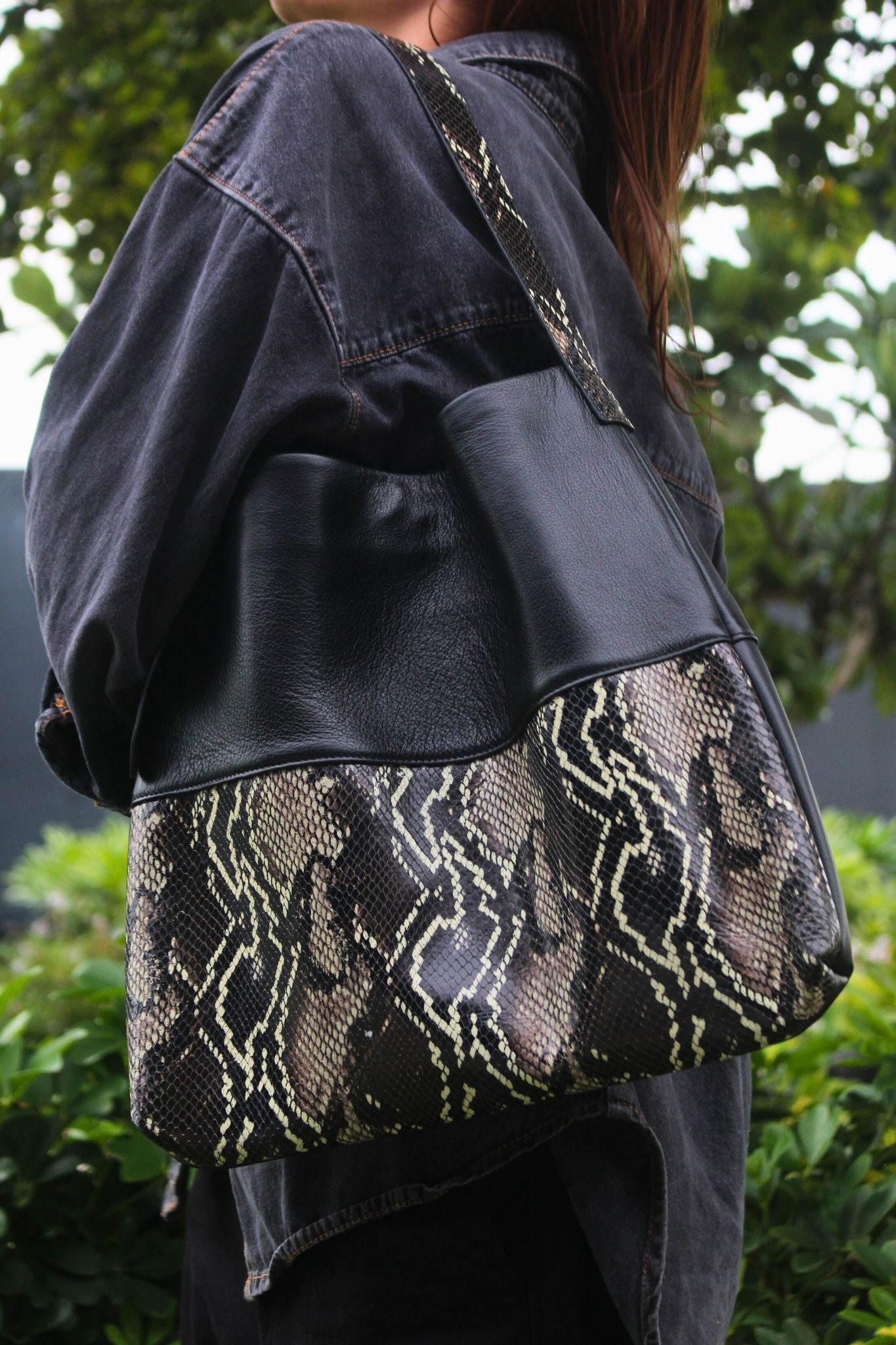 Women's genuine cowhide leather handbag Reza design with python print