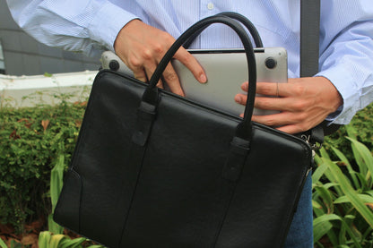 Unisex genuine cowhide leather briefcase double belt design with sling