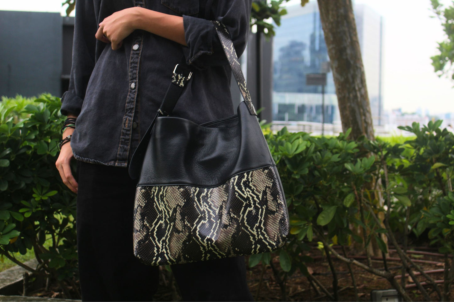 Women's genuine cowhide leather handbag Reza design with python print