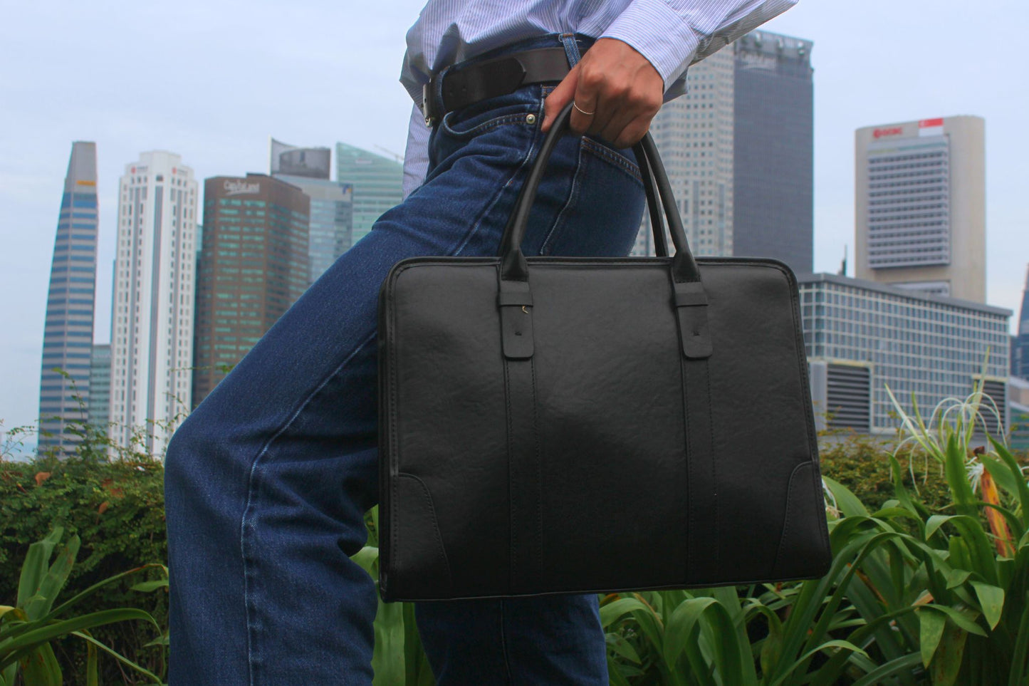 Unisex genuine cowhide leather briefcase double belt design with sling