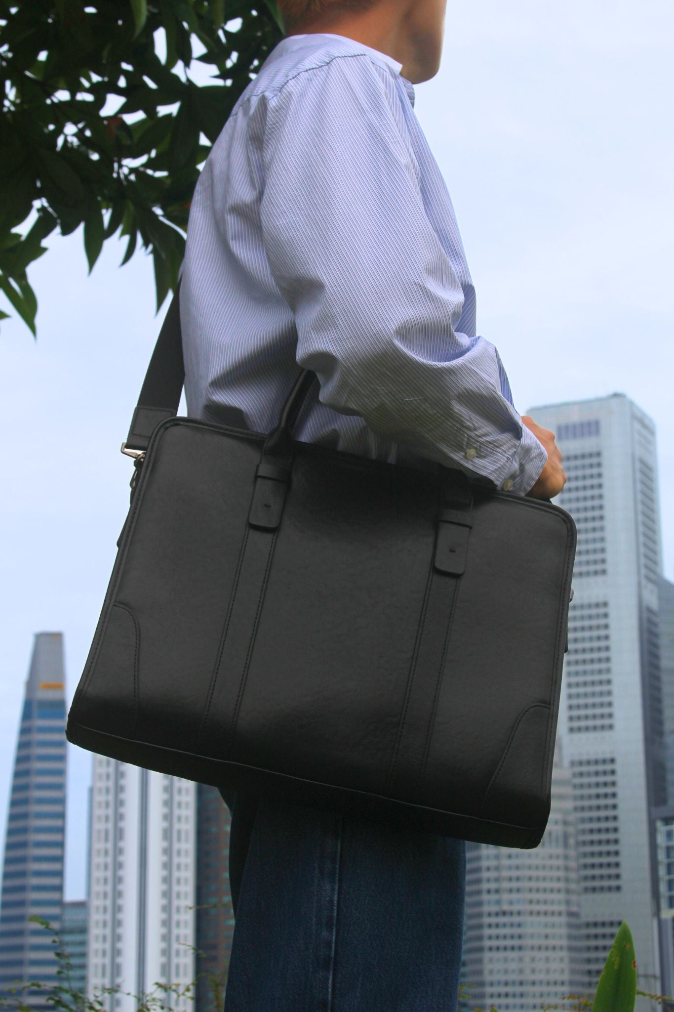 Unisex genuine cowhide leather briefcase double belt design with sling
