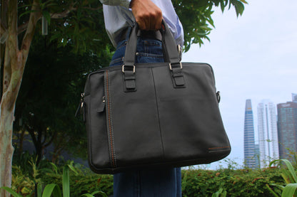 Unisex genuine cowhide leather top handle briefcase seam design