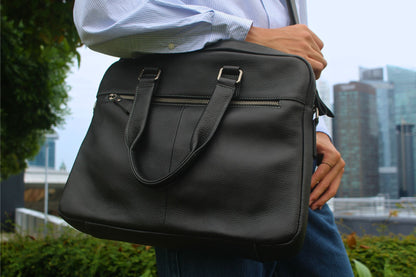 Unisex genuine cowhide leather top handle briefcase seam design