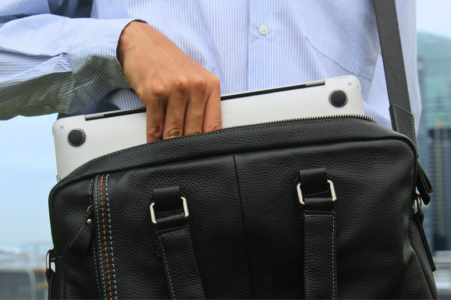 Unisex genuine cowhide leather top handle briefcase seam design