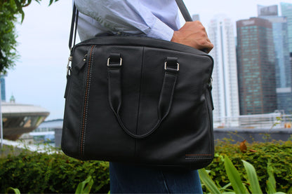 Unisex genuine cowhide leather top handle briefcase seam design