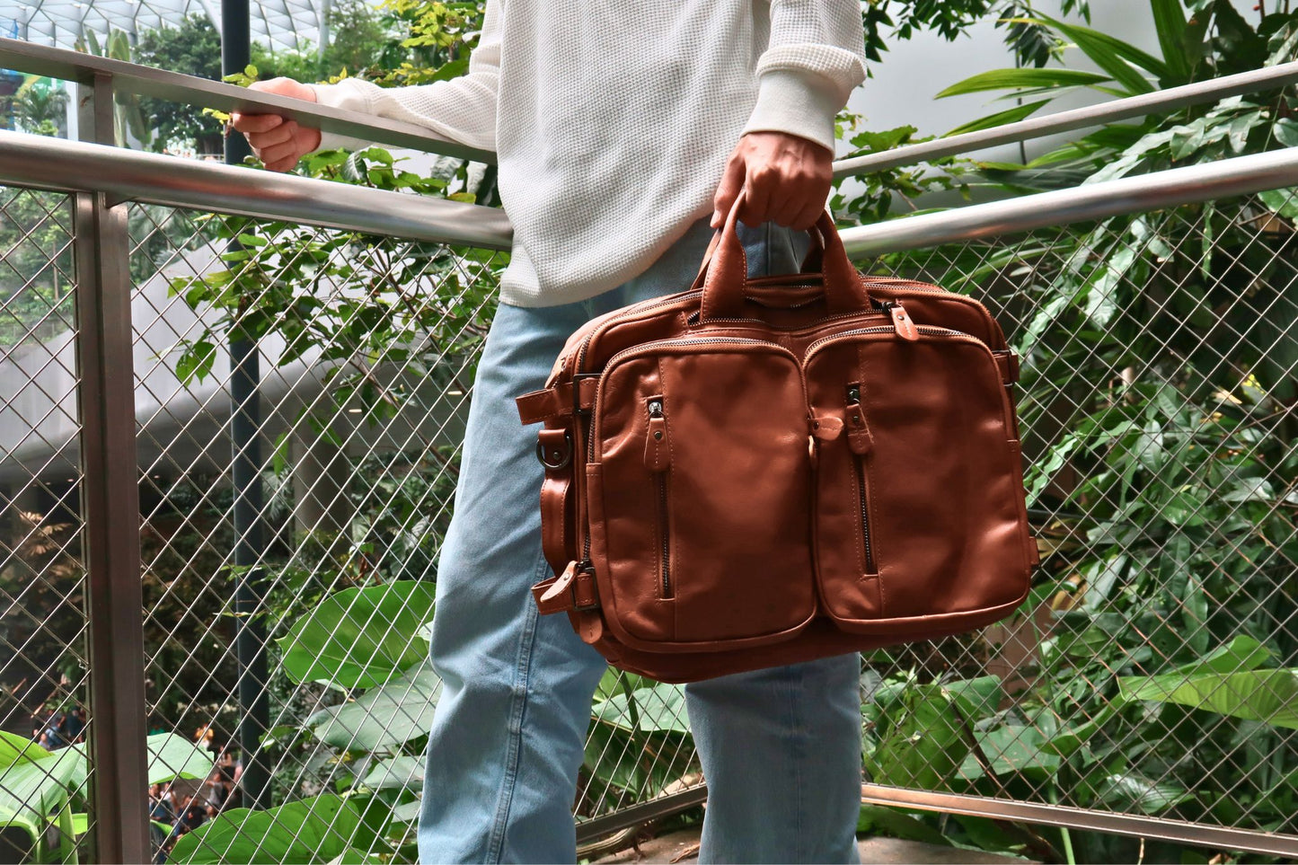 Unisex cowhide leather 3 in 1 backpack briefcase with sling