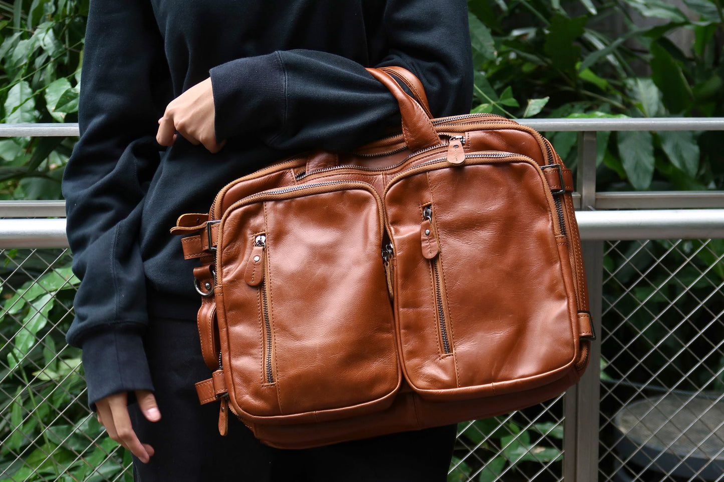 Unisex cowhide leather 3 in 1 backpack briefcase with sling
