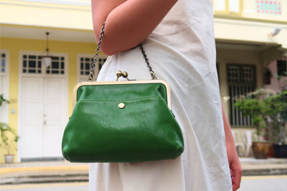Women's genuine cowhide leather kiss lock vintage clutch handbag