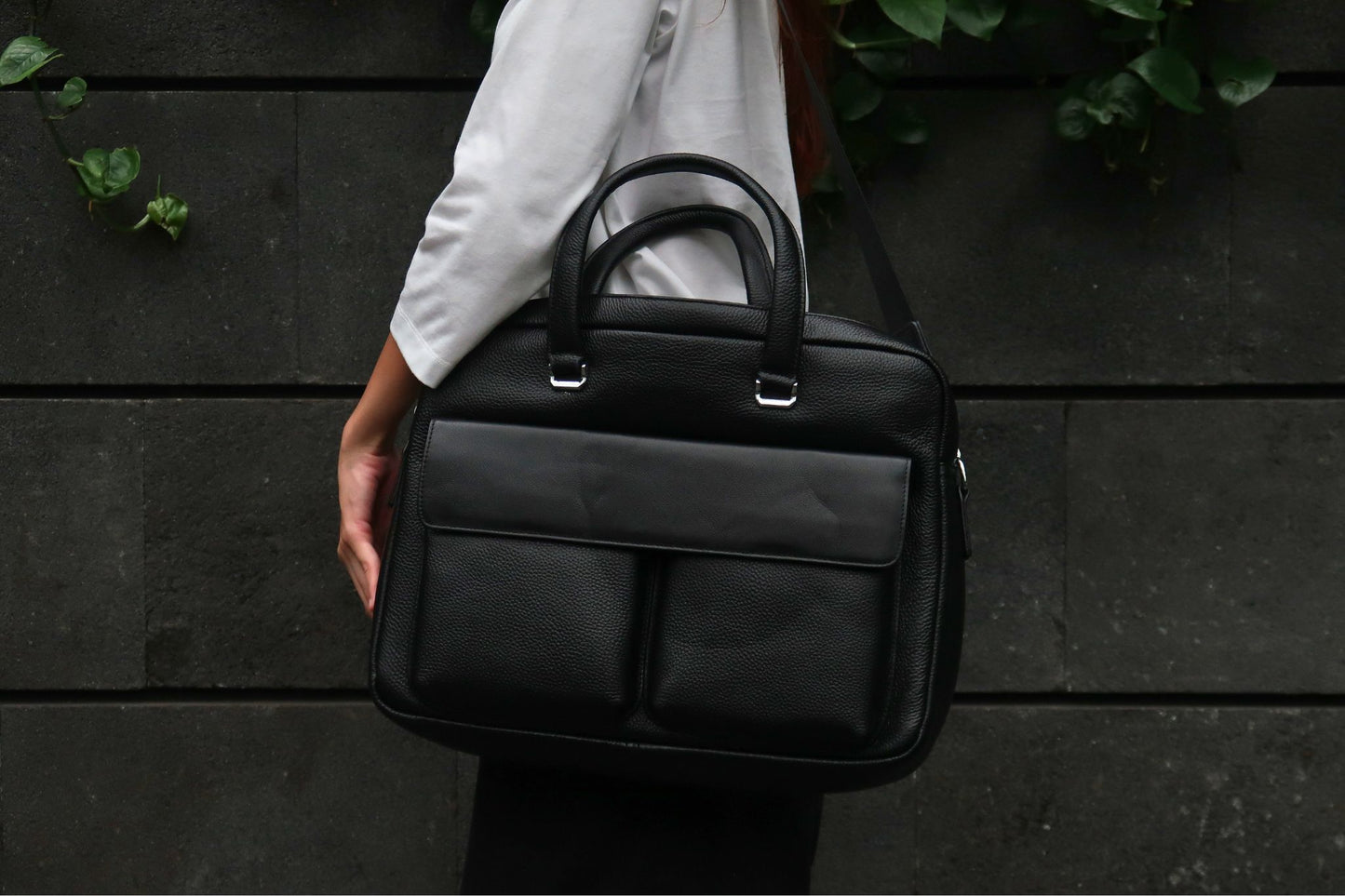 Unisex genuine cowhide leather top handle briefcase Poches V2 design