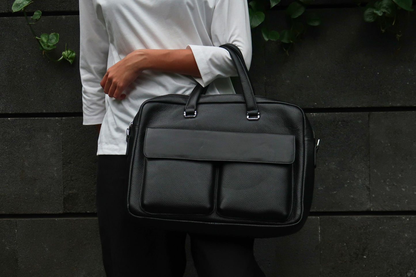 Unisex genuine cowhide leather top handle briefcase Poches V2 design