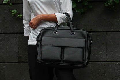 Unisex genuine cowhide leather top handle briefcase Poches V2 design