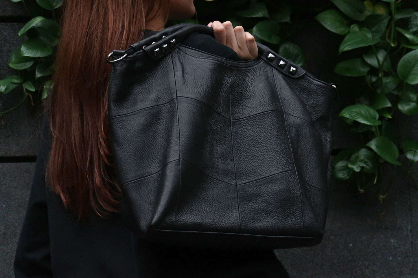 Women's genuine cowhide leather rivet bucket bag