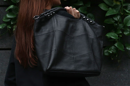 Women's genuine cowhide leather rivet bucket bag