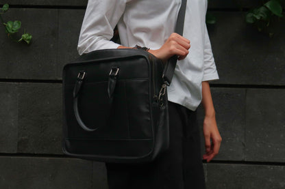 Unisex genuine cowhide leather travel briefcase laptop bag zip design