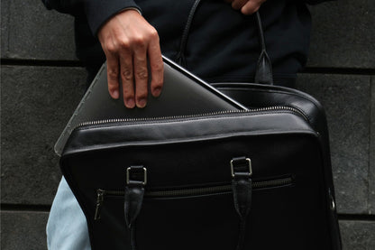 Unisex genuine cowhide leather travel briefcase laptop bag zip design