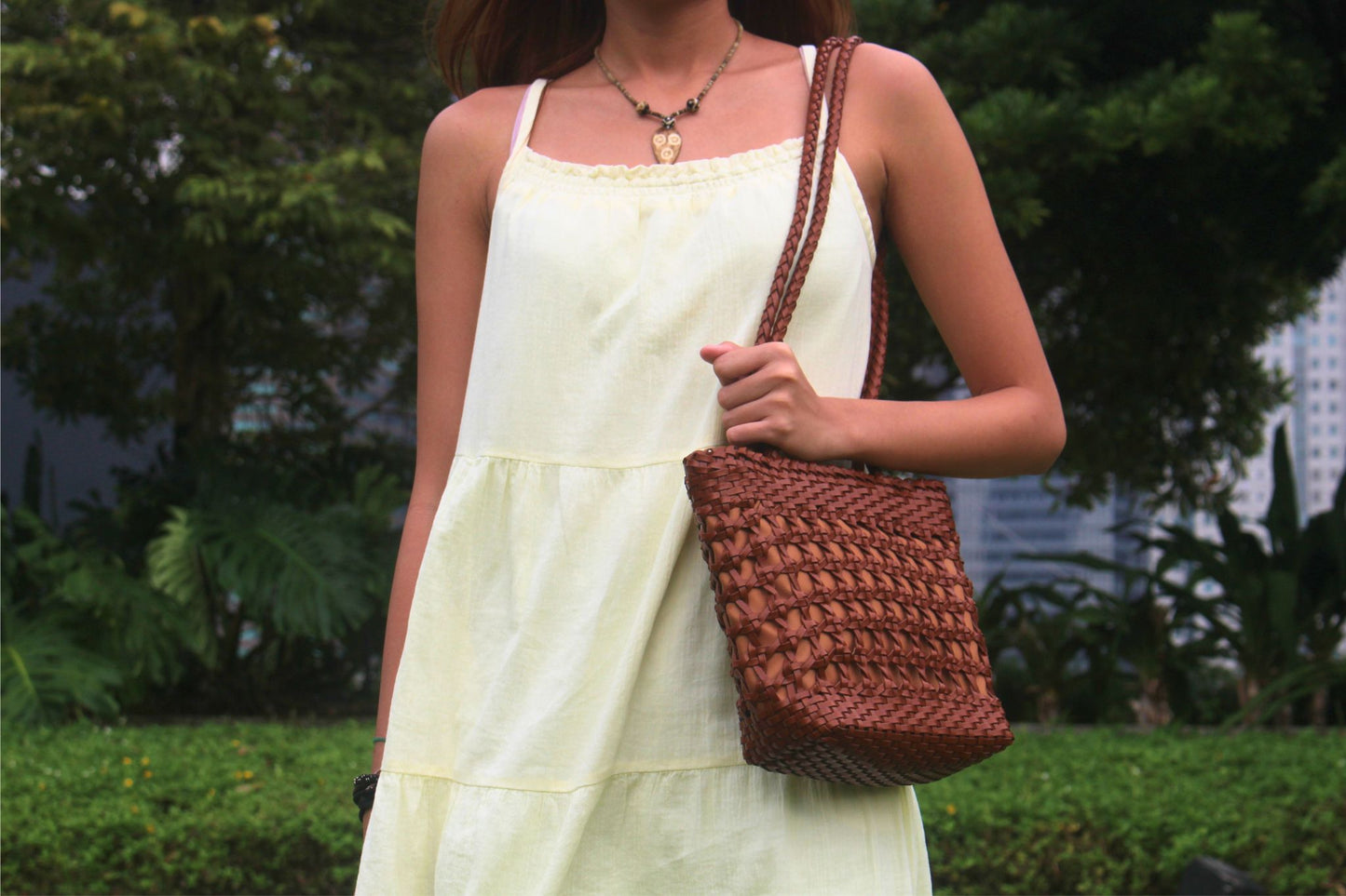 Women's genuine cowhide leather handbag handwoven Basket design